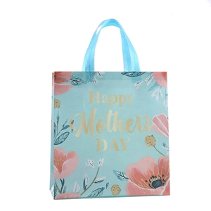 Laminated non-woven Mother's Day gift bag with light blue floral print and golden text