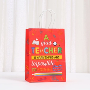 Sac cadeau rouge pour enseignants avec poignées en coton blanc et motifs éducatifs colorés