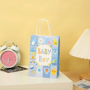 Blue BABY Boy gift bag with illustrations and white handles for newborn baby party