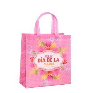 Pink Mother's Day non-woven gift bag with Spanish text and floral tulip patterns