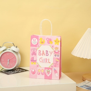 Pink Baby Girl paper gift bag with stripes and infant icons for birthday parties