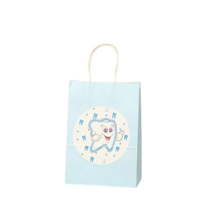Light blue kraft paper gift bag with cute cartoon tooth design and sturdy rope handles