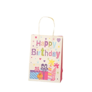 Happy Birthday kraft paper gift bag with colorful cartoon elements and woven handles