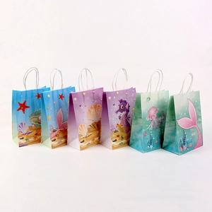 Detail of 6 ocean themed kraft paper gift bags with seahorse and starfish patterns