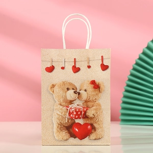 Brown kraft paper gift bag featuring Valentine heart bear illustration with paper handles