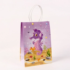Detail view of purple ocean-themed gift bag with seahorse print and twisted rope handles