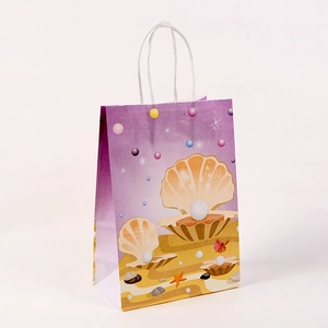 Detail of purple ocean theme kraft paper bag with seashell prints and twisted rope handles