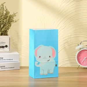 Blue kraft paper gift bag featuring a cute cartoon elephant print with serrated top edge