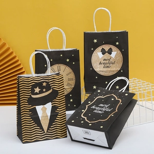 Exquisite Black Gold Paper Gift Bag With Handle Gentleman Star Clock Patterns For Birthday Party Wedding Gift Wrapping