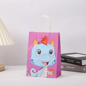 Pink kraft paper gift bag featuring a cartoon blue dinosaur with white twist rope handles