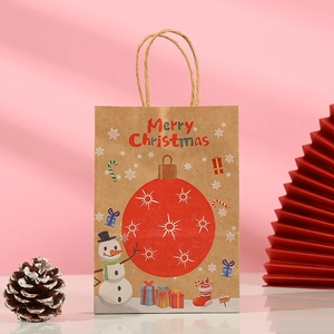 Brown kraft paper Christmas gift bag with snowman and Merry Christmas print