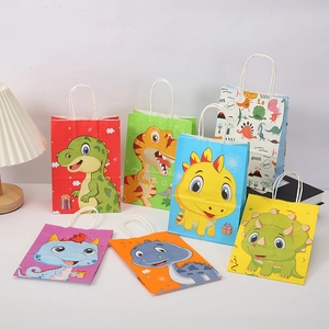 Colorful dinosaur cartoon paper gift bags with handles for children birthday parties