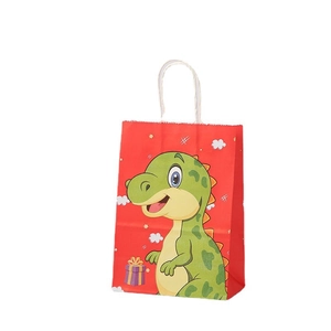 Red kraft paper dinosaur gift bag with white twist handle and cartoon animal prints