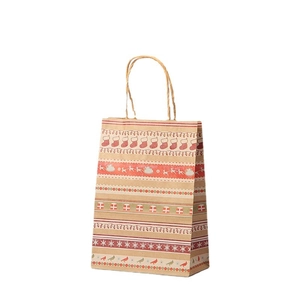 Brown kraft paper Christmas gift bag with festive reindeer and snowflake patterns