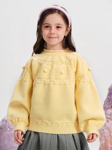 Meisjes Gebreide Trui Acrylmix Kabelpatroon Pompons Ronde Hals Lange Mouwen Warm Casual Kinderen Winterkleding