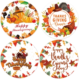 Thanksgiving Round Copperplate Labels With Turkey Pumpkin Maple Leaf Patterns For Gift Wrapping DIY Holiday Decor