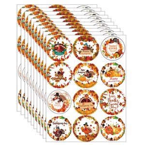 Happy Thanksgiving Round Stickers Coated Paper Adhesive Labels With Turkey Pumpkin Maple Leaf For Harvest Party Decorations Gift Wrap Mail Sealing