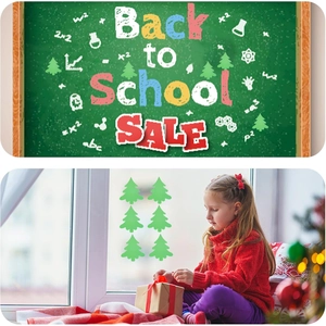 Détail de stickers sapin de Noël verts pour décoration de tableau et vitre de fenêtre