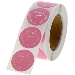 Roze rol ronde Thank You stickers met goudfolie hartje en bladeren ontwerp