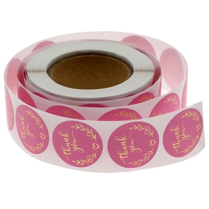 Roze en gouden ronde 'Thank You' stickers op rol voor bruiloft en cadeauverpakkingen