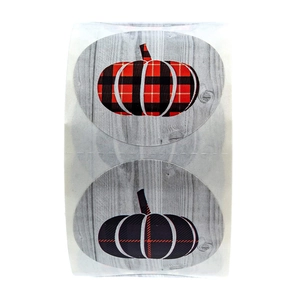 Gray wood grain pumpkin stickers with buffalo plaid pattern for Halloween decor