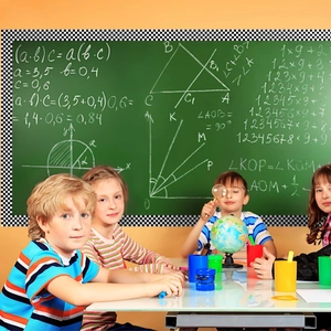 Classic black and white gingham bulletin board borders with children studying in classroom