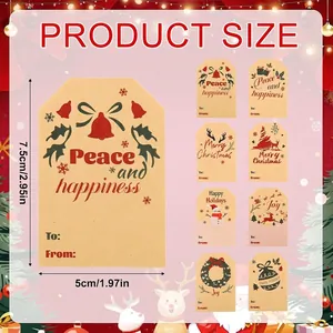 Size chart for self-adhesive Christmas kraft gift tags with 8 festive design styles