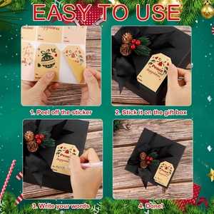 Detail of self-adhesive Christmas kraft gift tags with reindeer and festive lettering