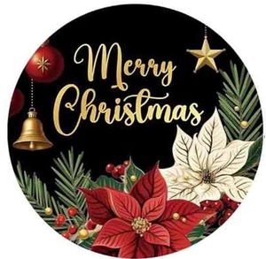 Détail d'un autocollant de Noël rond avec fleur de poinsettia et texte doré élégant