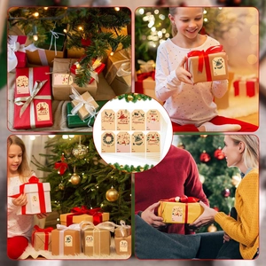 Self-adhesive Christmas kraft paper gift tags with festive Santa and reindeer designs