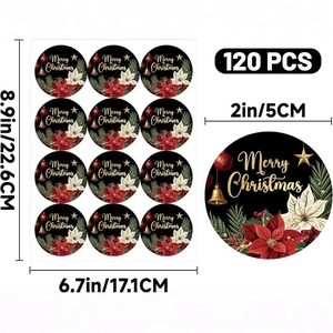Lot de 120 autocollants de Noël noirs de 5 cm avec motifs floraux et cloches dorées