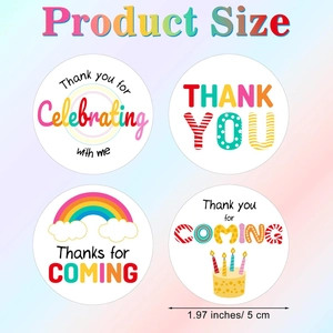 Rainbow Thank You stickers for birthday baby shower parties, 1.97 inch round 4 designs