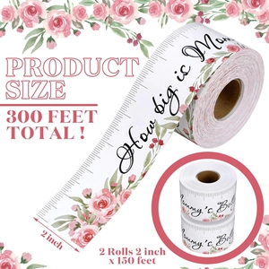 Twee rollen buikmeetlint voor babyshowers met roze rozenpatronen en Engelse tekst