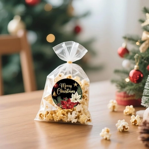 Lot de 120 grands autocollants Joyeux Noël 50mm sur sacs de popcorn avec liens dorés