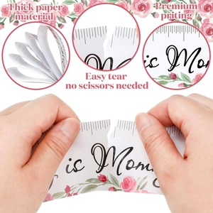 Florale buikomvang spel voor babyshowers van dik papier met handige afscheurranden