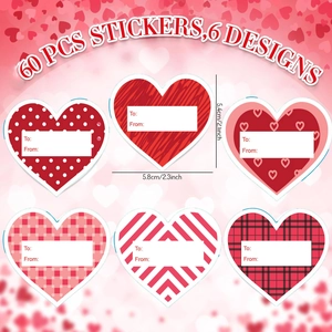 60 autocollants cadeaux de Saint-Valentin en forme de cœur, 6 motifs rouge et blanc