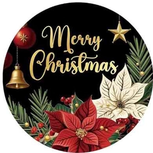Étiquettes Rondes Joyeux Noël Autocollants Décoratifs Festifs Avec Poinsettia Et Cloches Dorées Pour Emballage Cadeau Et Scellement Enveloppe