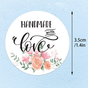 Round Handmade With Love Stickers Floral Pink Rose Self Adhesive Sealing Labels For Gift Box Envelope Craft Packaging Baking