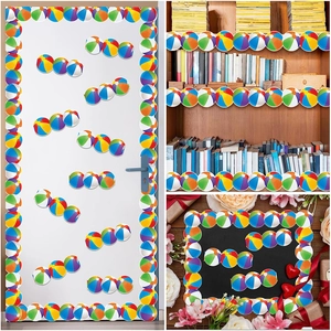 Detailed view of colorful beach ball bulletin board borders on white doors and blackboards