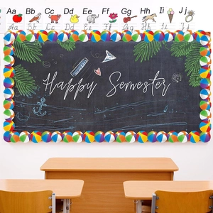 Detail of colorful beach ball bulletin board borders used in classroom decoration