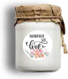 Detail of handmade scented candle with kraft paper lid and Handmade With Love sticker