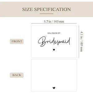Detailed size chart of bridesmaid invitation cards featuring front and back dimensions