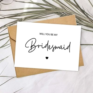 Minimalist Will You Be My Bridesmaid invitation card with kraft envelope and heart design