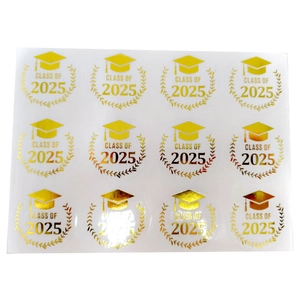 2025 graduation gold foil cap stickers featuring class of 2025 text and laurel wreath