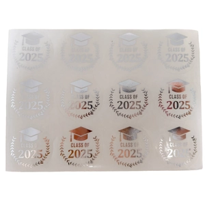 Detail of 2025 graduation cap stickers with gold and silver metallic foil finish