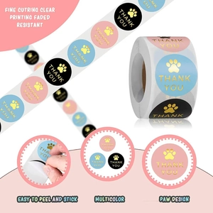 500pcs Gold foil dog paw Thank You stickers in pink, blue, and black rolls