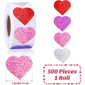 Roll of 500 heart-shaped glitter stickers in red, purple, pink, and silver 1 inch size
