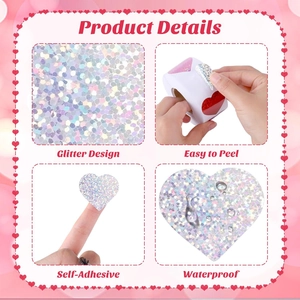 Glitter laser heart stickers roll with waterproof self-adhesive surface for decoration
