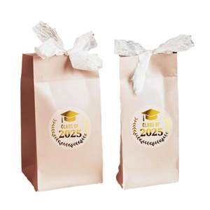 Pink graduation gift bags with lace bows and Class of 2025 gold foil stickers