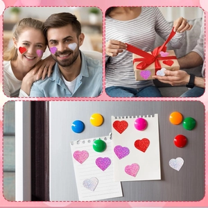 Glitter heart stickers shown on face makeup, gift wraps, and fridge decor